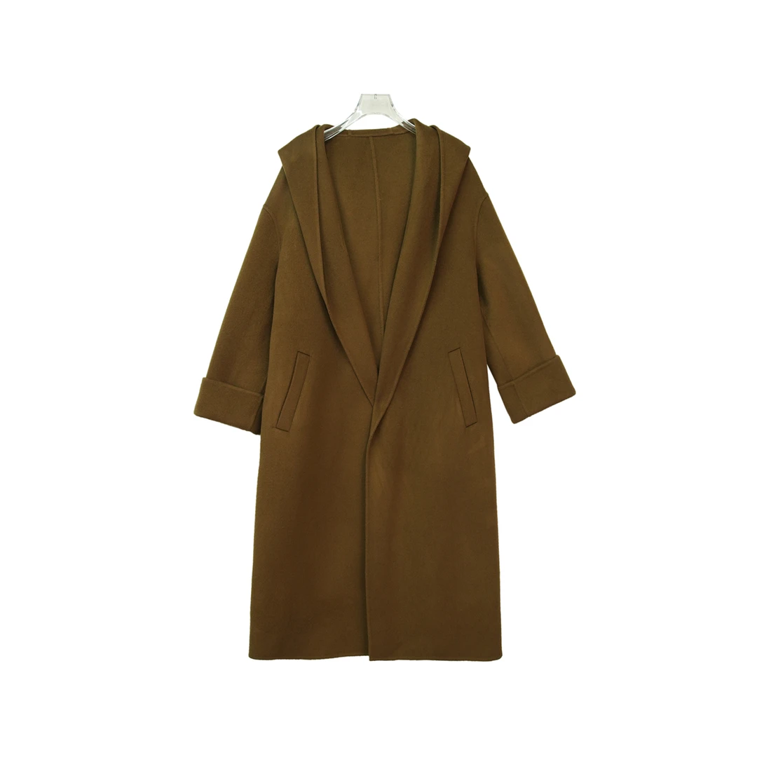 E22129【冬季新款】时尚咖色连帽长款过膝大衣