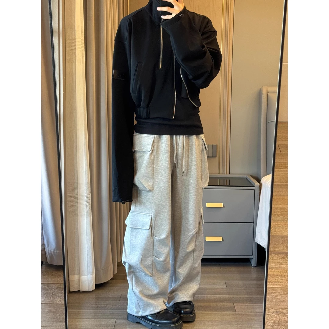 秋季小众百搭松紧腰系带口袋宽松阔腿裤工装裤休闲长裤女卫裤休闲