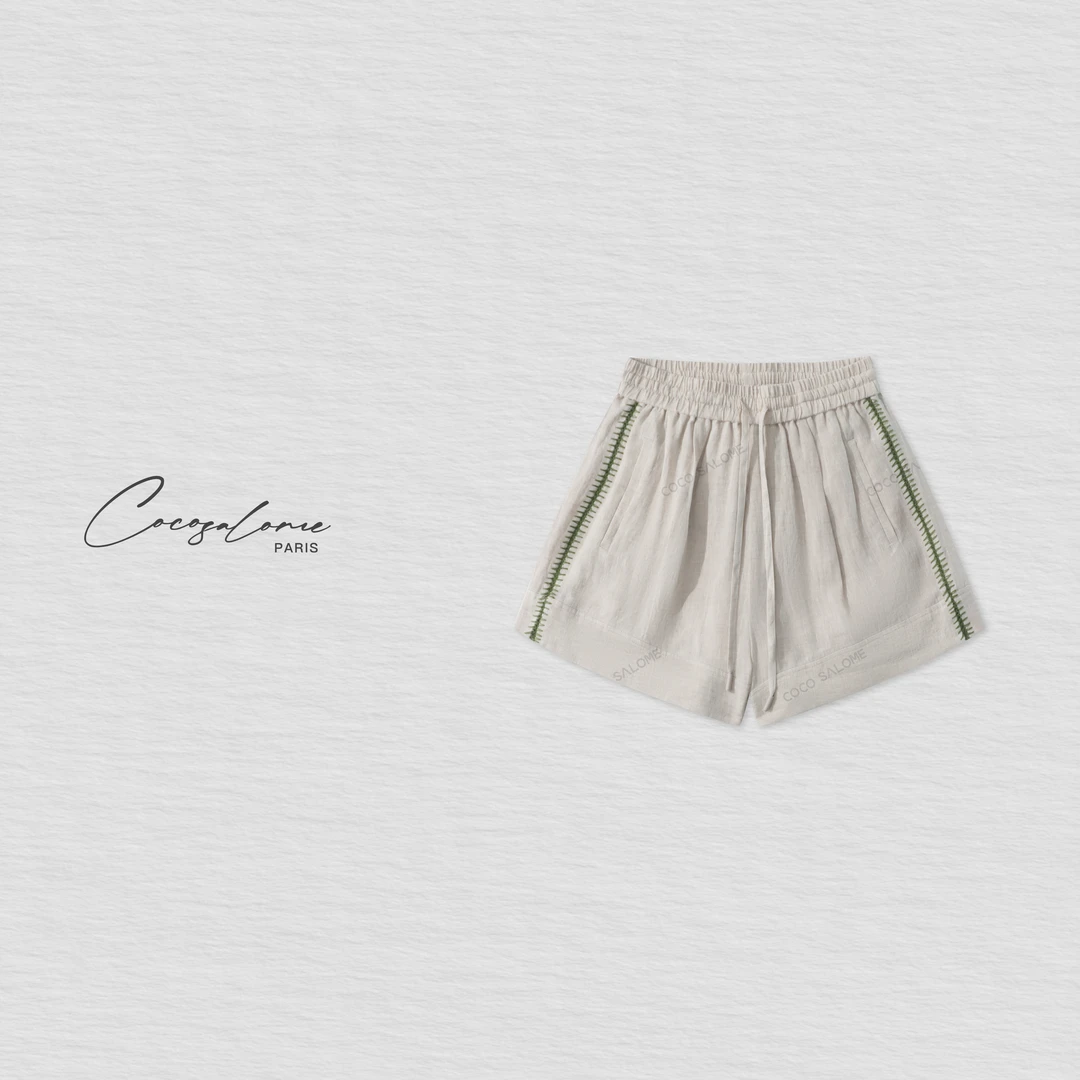 COCO SALOME｜韩彬彬"拼缝短裤"100亚麻透气松紧腰短裤1484-(1)
