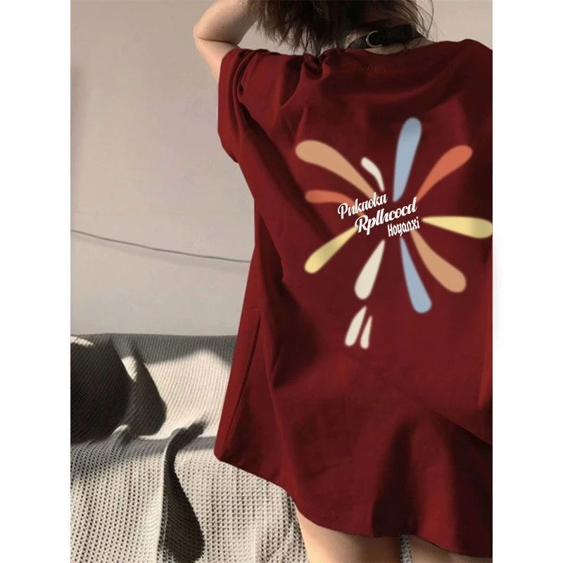 超好看纯棉短袖t恤女夏季新款酒红色2025蛇年本命年宽松百搭上衣