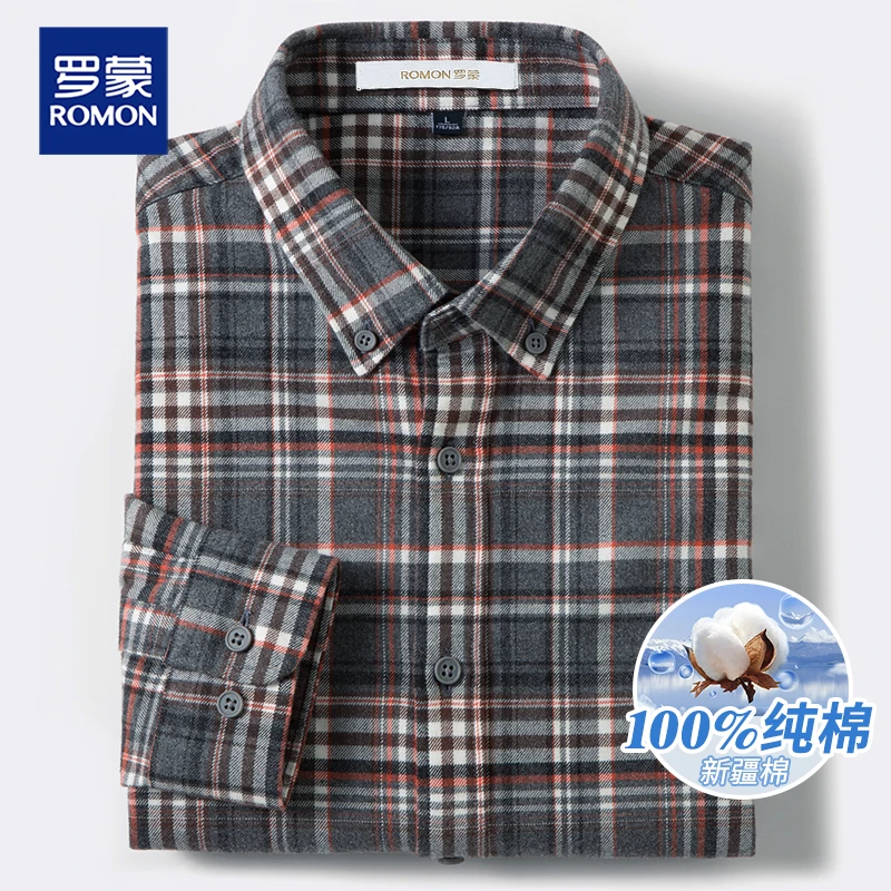 罗蒙秋冬款男士装磨毛长袖衬衫100%纯棉舒适商务休闲时尚格子衬衣