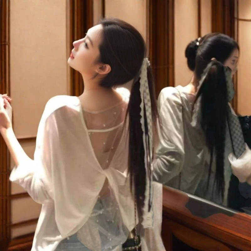 纯欲风后背镂空网纱拼接扭结长袖T恤女款2025新款爆款防晒衫上衣