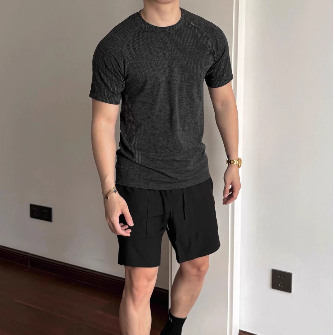 美式夏季男士运动弹力透气速干高级感无缝银线小领口圆领短袖T恤