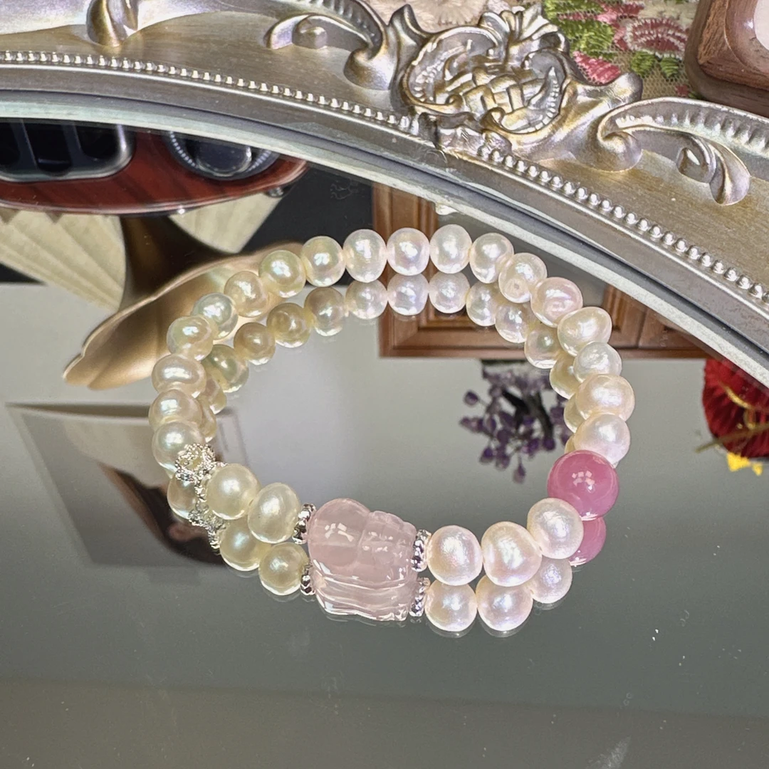 淡水珍珠搭配粉晶貔貅手串1562 颜色微差 多样性发一