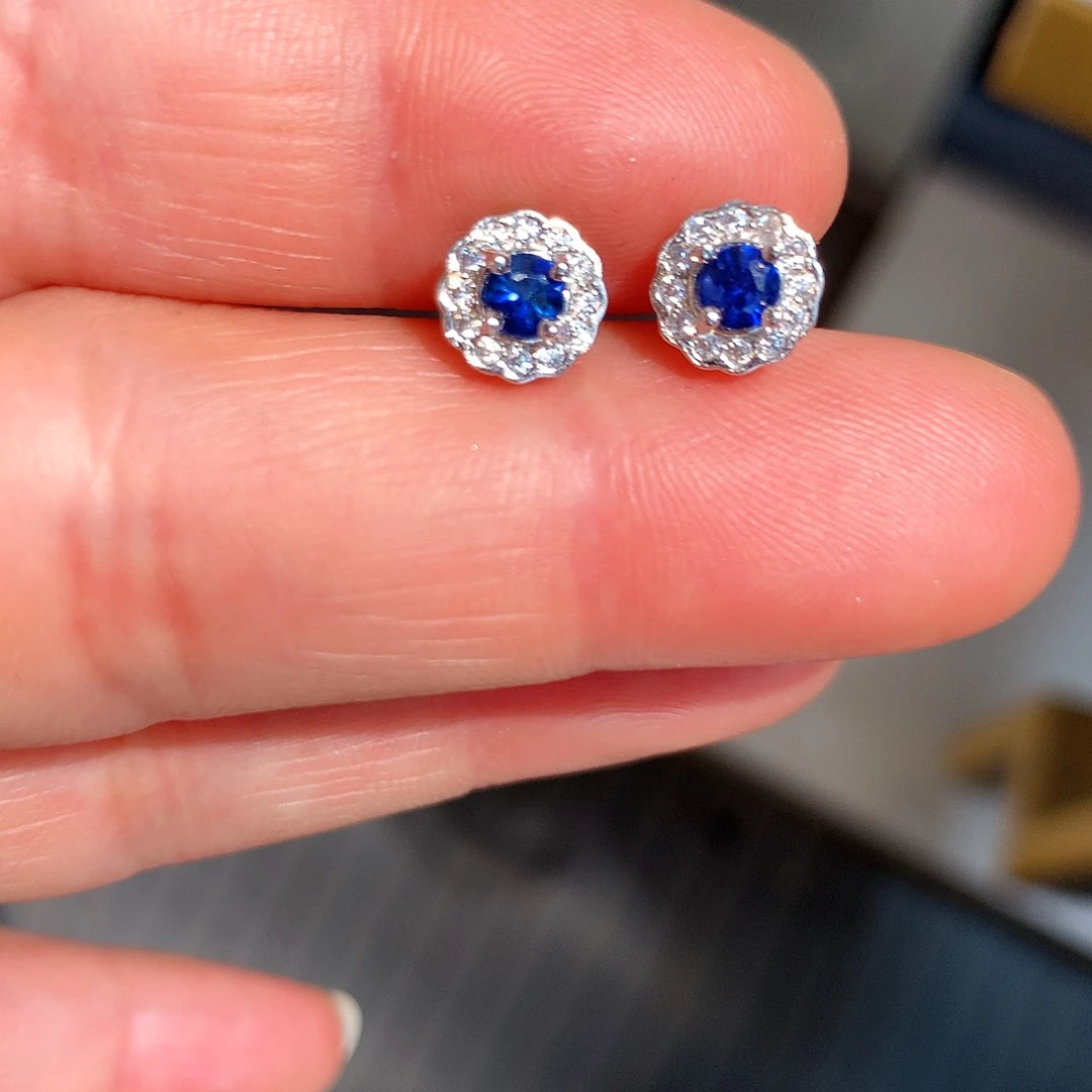 耳钉蓝宝石银S925镶嵌