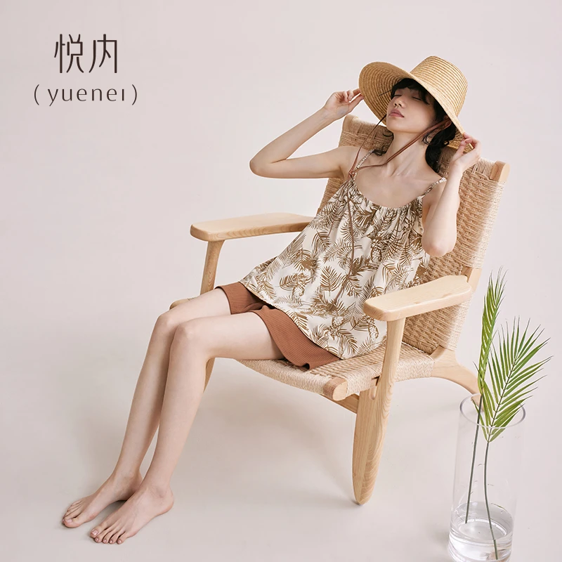 悦内带胸垫女士睡衣女款夏季夏款夏天纯棉吊带背心短裤家居服套装