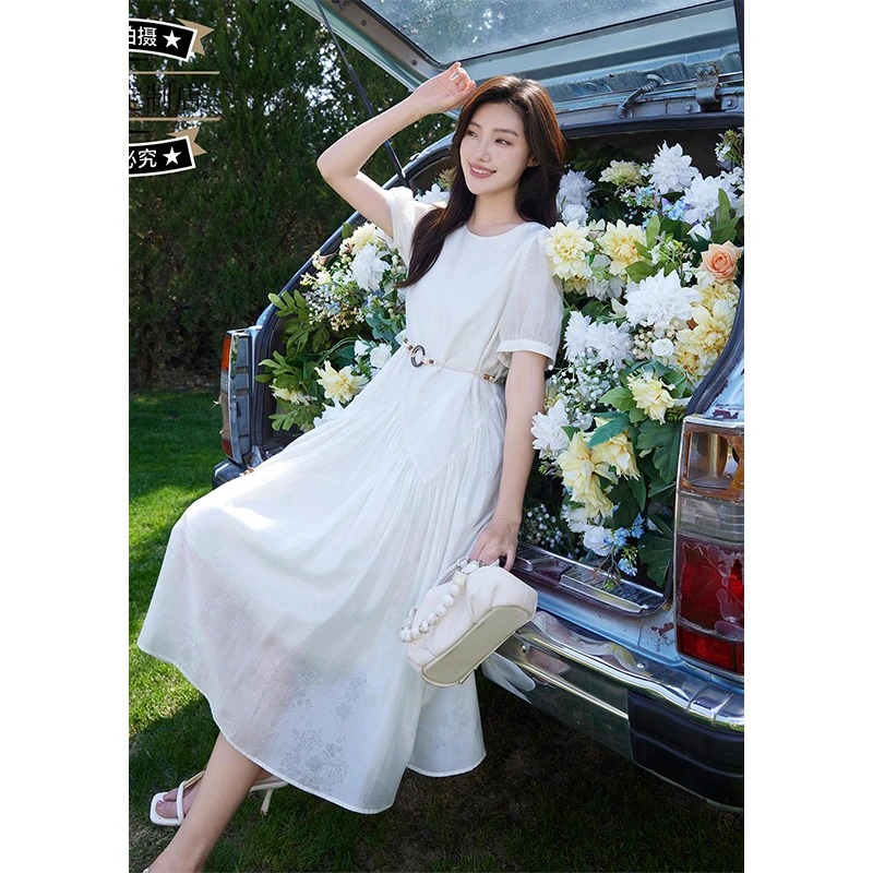 【幸福恋人】法式连衣裙白色夏季新款女装收腰圆领领连衣裙女夏季