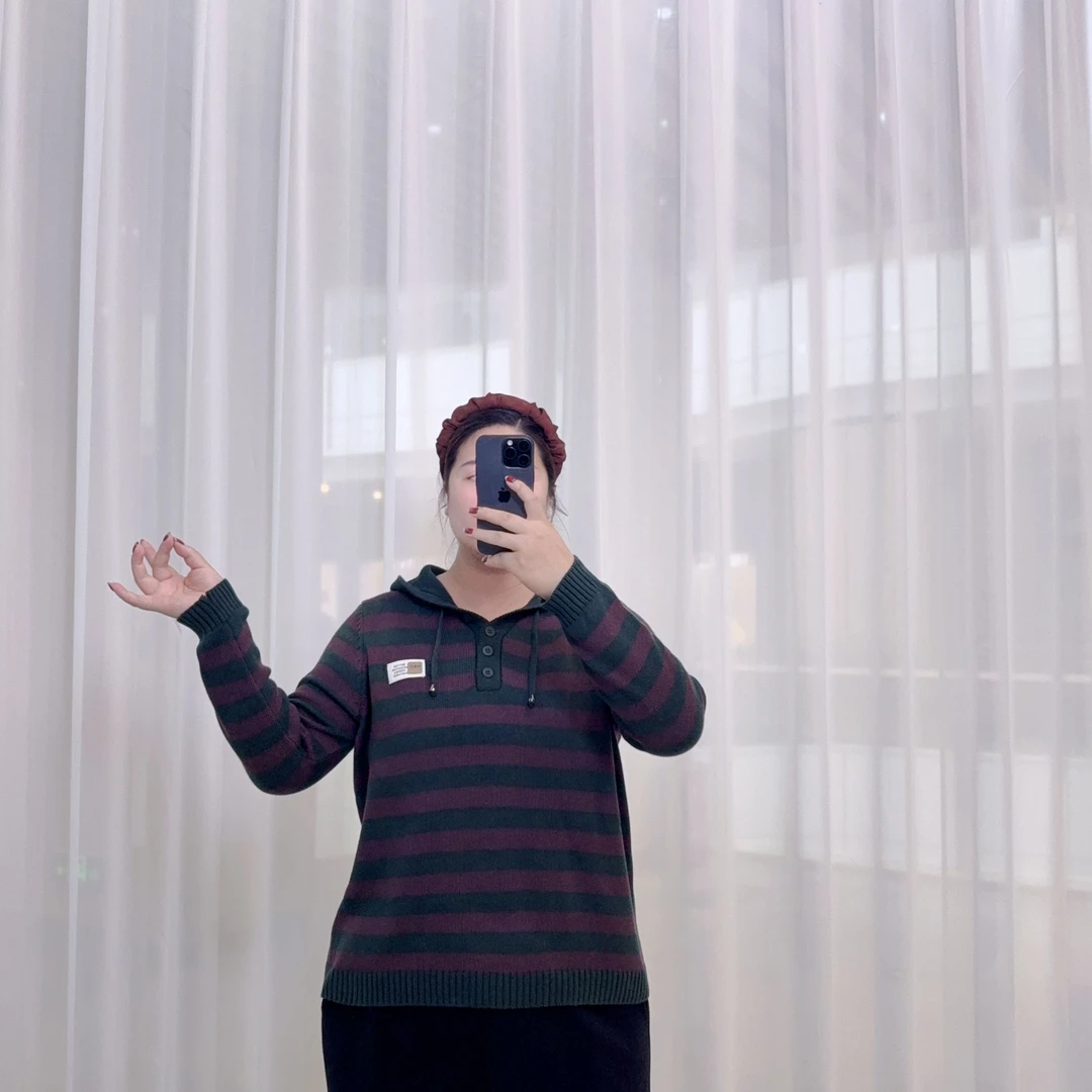 紫绿连帽条纹 657【胖宝】长袖扣子休闲百搭针织秋冬宽松套头上衣