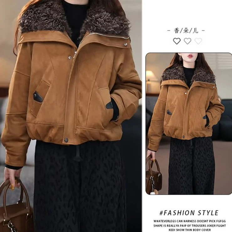 麂皮绒羊羔毛棉衣2025年流行女冬季翻领加厚保暖时尚显瘦气质夹克