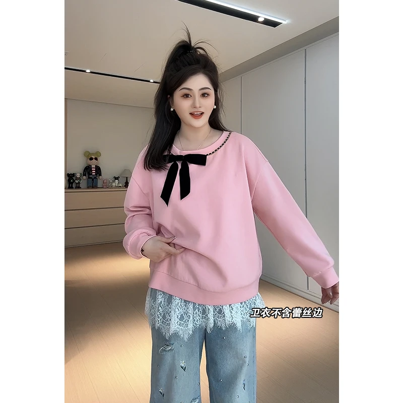【胖佳佳】小香卫衣 春季时尚撞色丝绒蝴蝶结上衣H625D00175