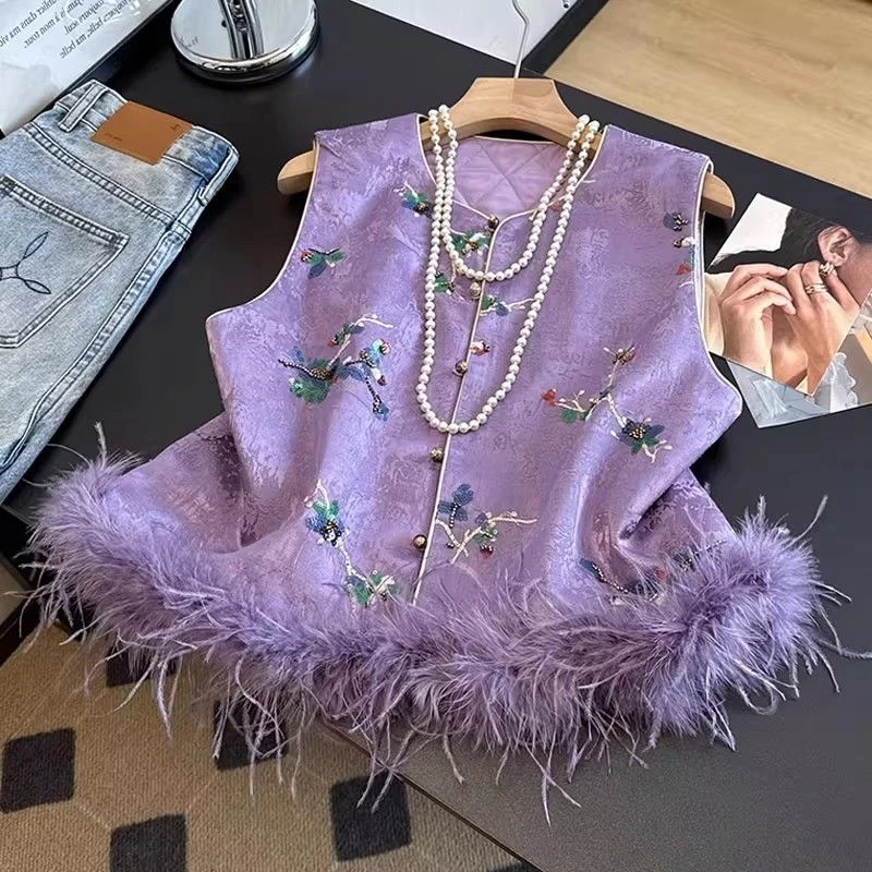 新中式国风提花马甲鸵鸟毛国风精致马夹背心无袖坎肩夹棉加厚外套