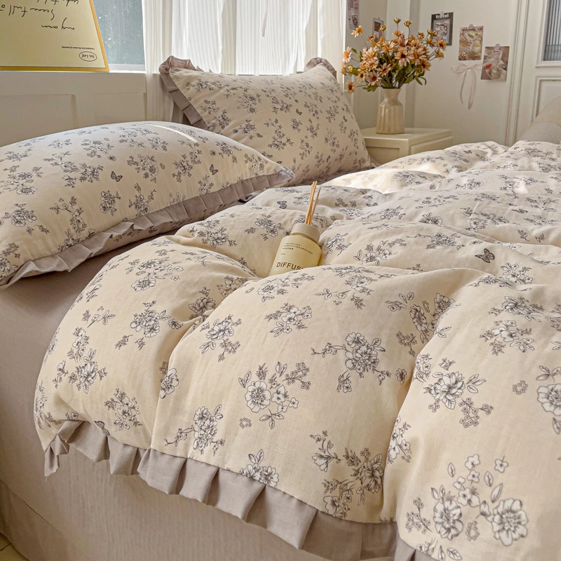 2025新款全棉韩版双层纱花边款四件套小清新床单被套被罩床上用品