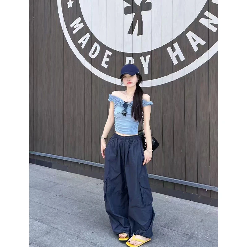 MARIE.COCO夏季新款辣妹字母印花甜美木耳边一字领T恤上衣工装裤