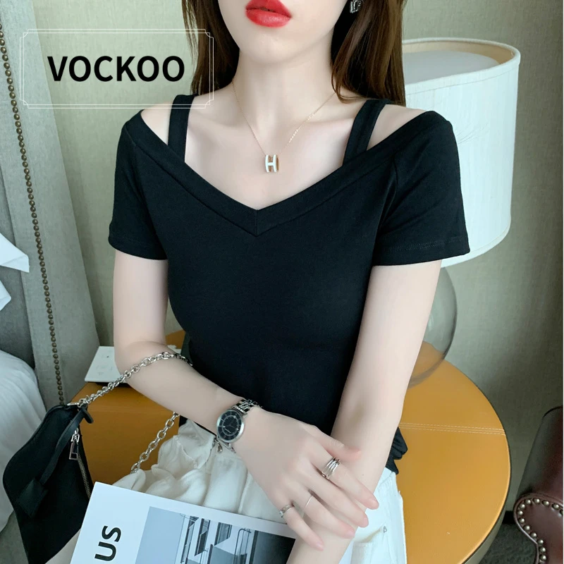 VOCKOO露肩短袖t恤女一字领黑色上衣2025新款夏吊带紧身心机半袖