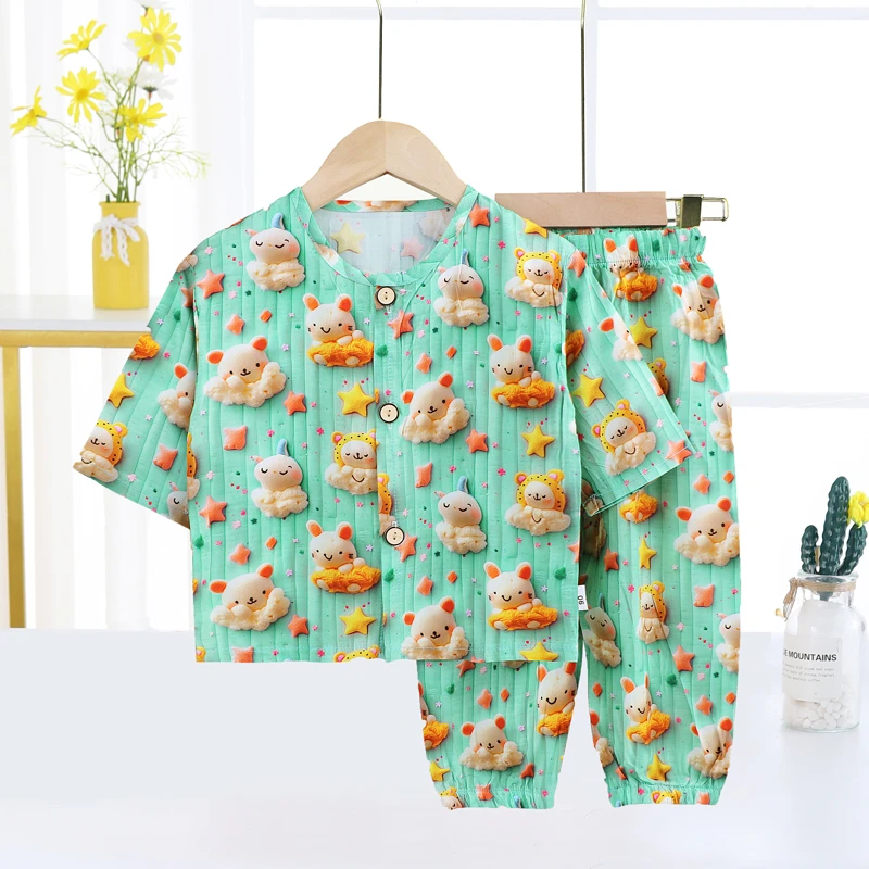 儿童棉绸睡衣七分袖男女童婴儿纯棉宝宝夏季薄款夏天套装数码印染