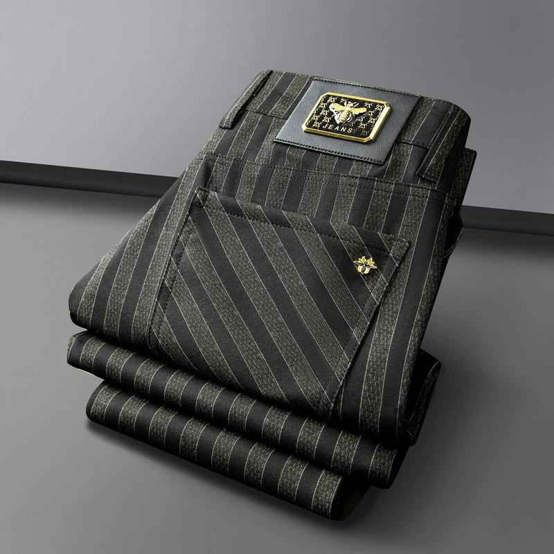 约蒂宾弗条纹休闲裤男夏季中年轻商务时尚长裤直筒弹力高端男裤子