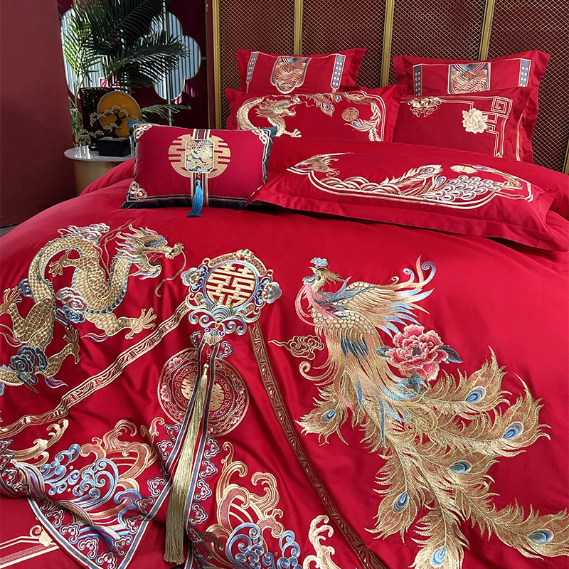 花嫁喜铺【凤冠霞帔】高端刺绣龙凤款四件套结婚婚房床上用品大红色