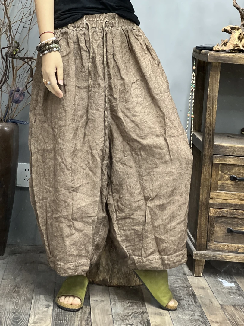 HH 201 夏季新品亚麻炒色文艺脏脏色休闲女士裤子 臀围142长80