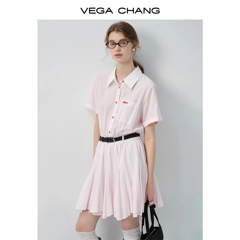 VEGA CHANG短袖连衣裙女2025新款夏翻领条纹高腰显瘦衬衫裙0613SQ