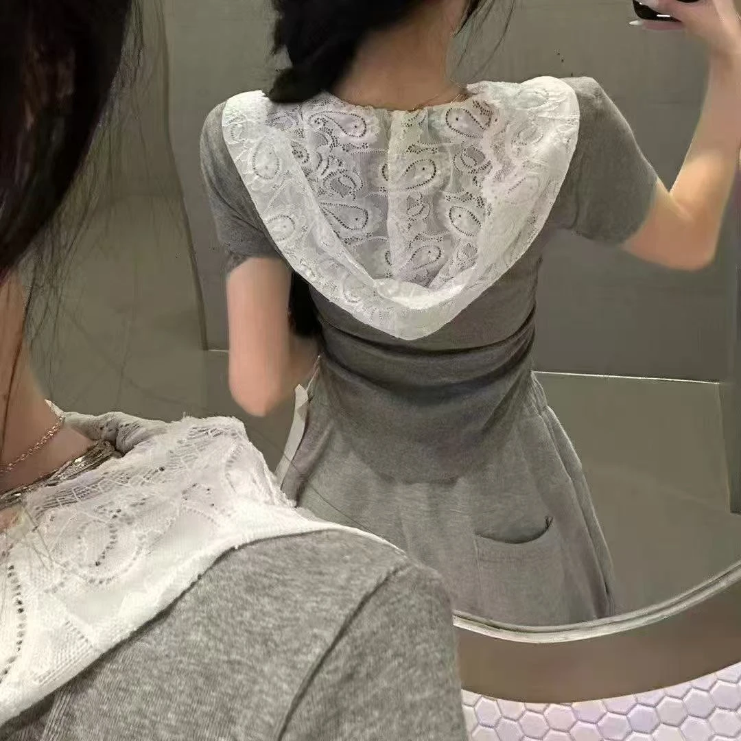 2025韩版时尚蕾丝连帽收腰短袖T恤小众设计显瘦V领上衣打底衫女