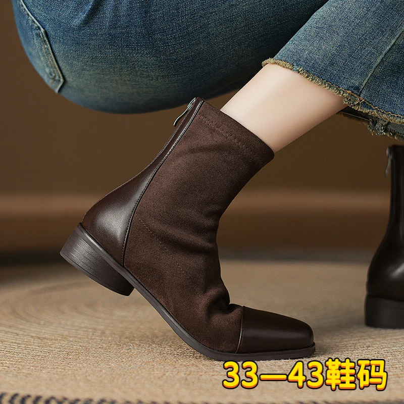 超火韩系小踝靴女春秋单靴法式瘦瘦小短靴方头低跟大码女靴41一43
