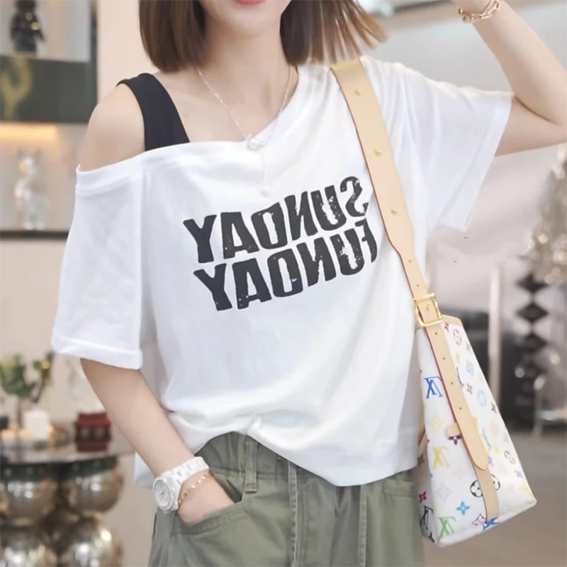 2025夏季新款设计感撞色露肩斜领短袖T恤女韩版字母印花时尚休闲