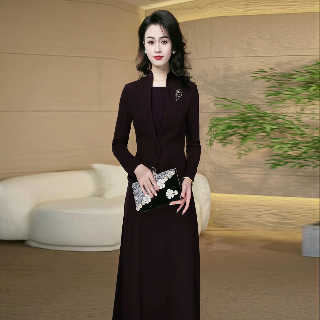 正式场合连衣裙女秋冬2025新款气质显瘦优雅假两件长裙到脚踝3064