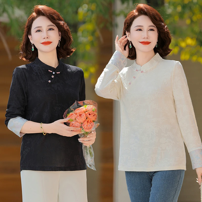妈妈春装新中式国风长袖T恤中老年女装春秋旗袍领打底衫洋气上衣