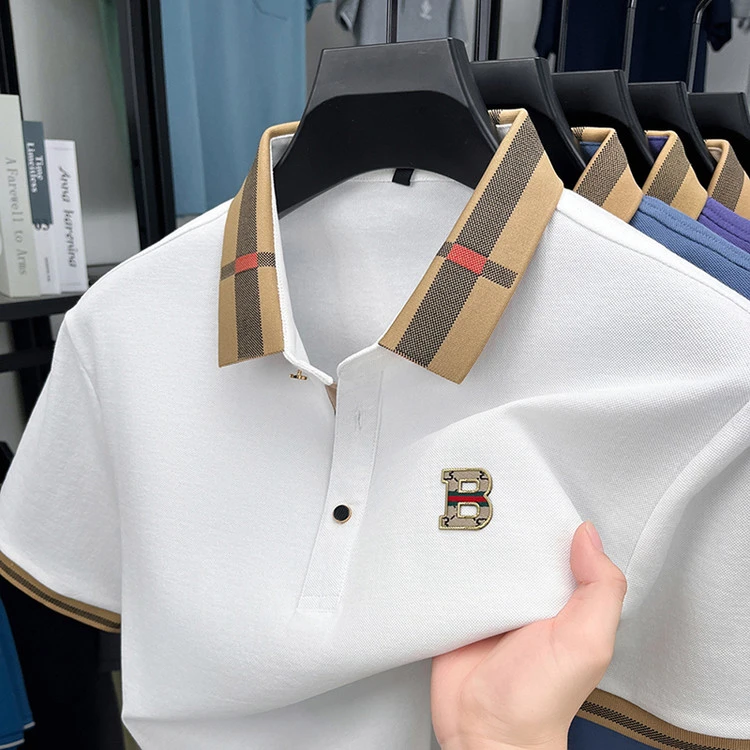 【专柜正品】BABAOSHEN/巴宝绅男装夏季轻奢经典格子Polo衫纯色短袖