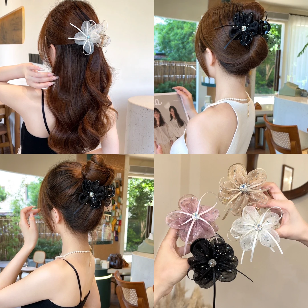 蝴蝶结网纱飘带花朵发卡气质百搭鲨鱼夹超仙闪钻发夹马尾夹发饰