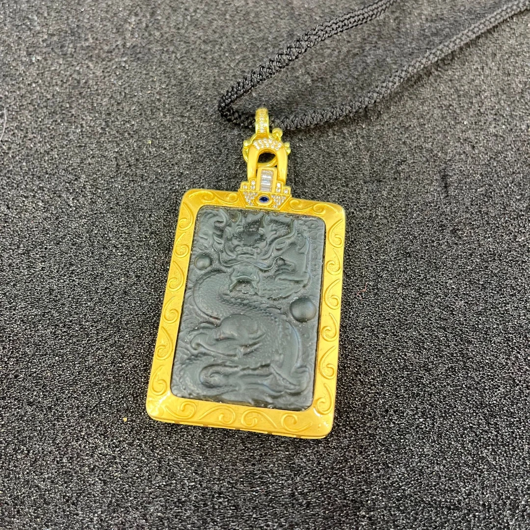 【小米专属】匠心工艺霸气和田墨玉龙牌合金镶嵌吊坠赠绳【ZDZ275】