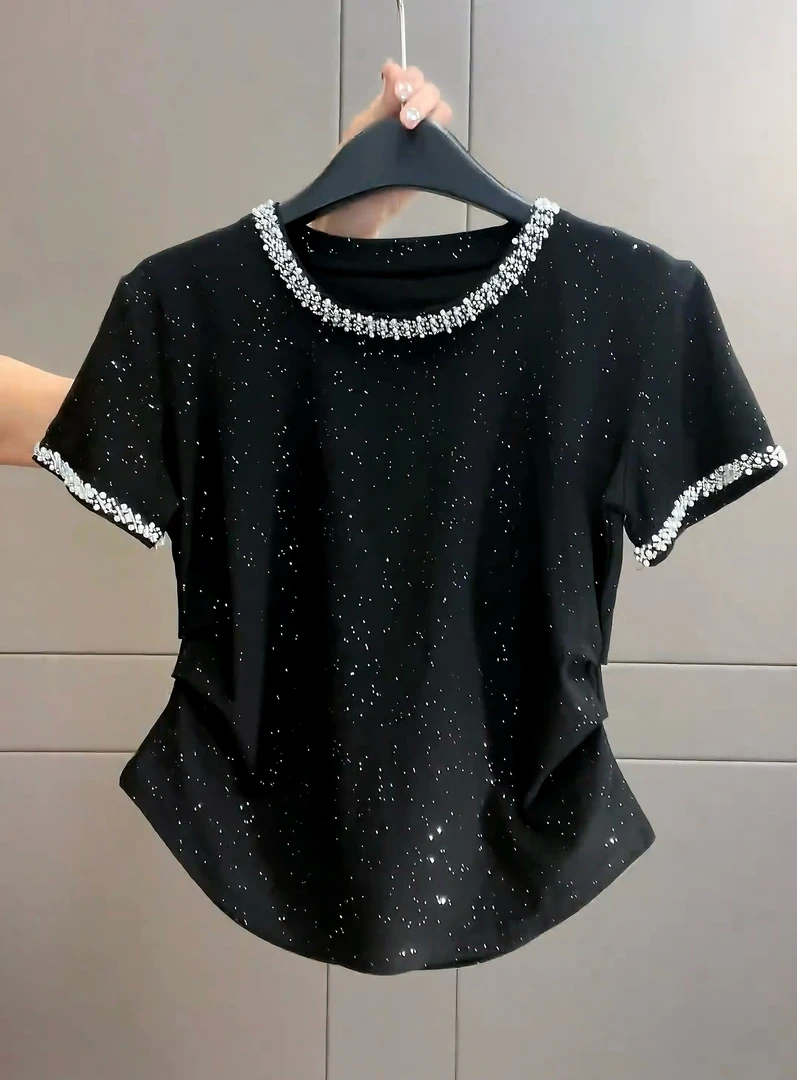 2025夏季新款重工轻奢满天星圆领短袖T恤收腰褶皱显瘦上衣女