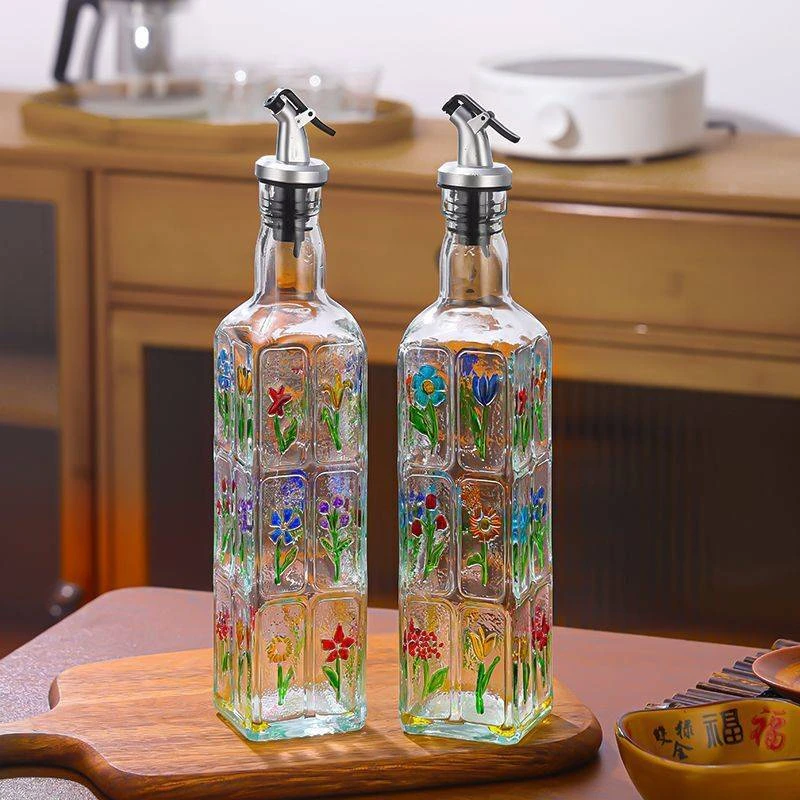 手绘玻璃调味瓶料酒酱油醋油瓶自动开合油嘴不挂油厨房家用油瓶