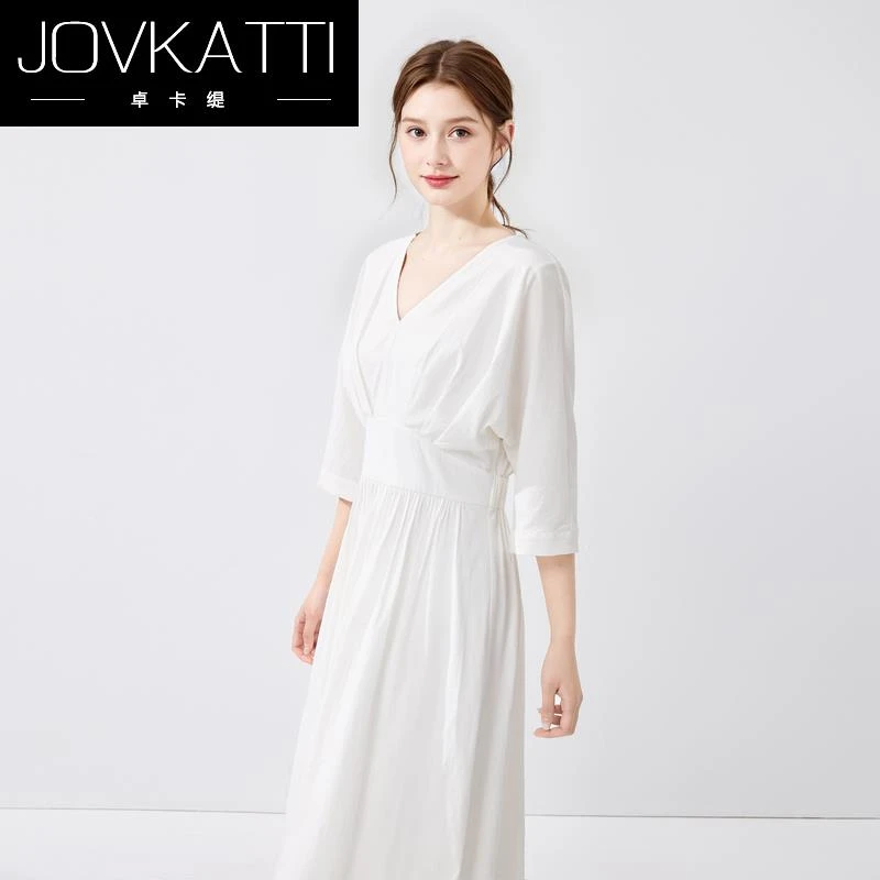 Jovkatti优雅法式连衣裙2025年夏季新款女V领设计感简约通勤白裙