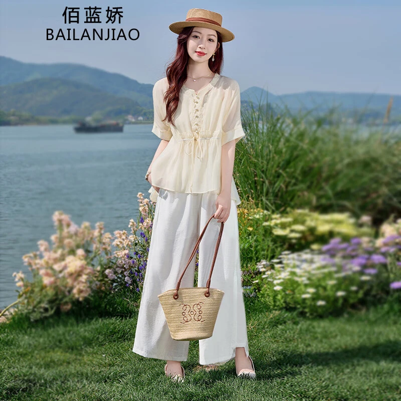 时尚气质套装裤女装2025夏季新款韩版遮肚子显瘦休闲阔腿裤两件