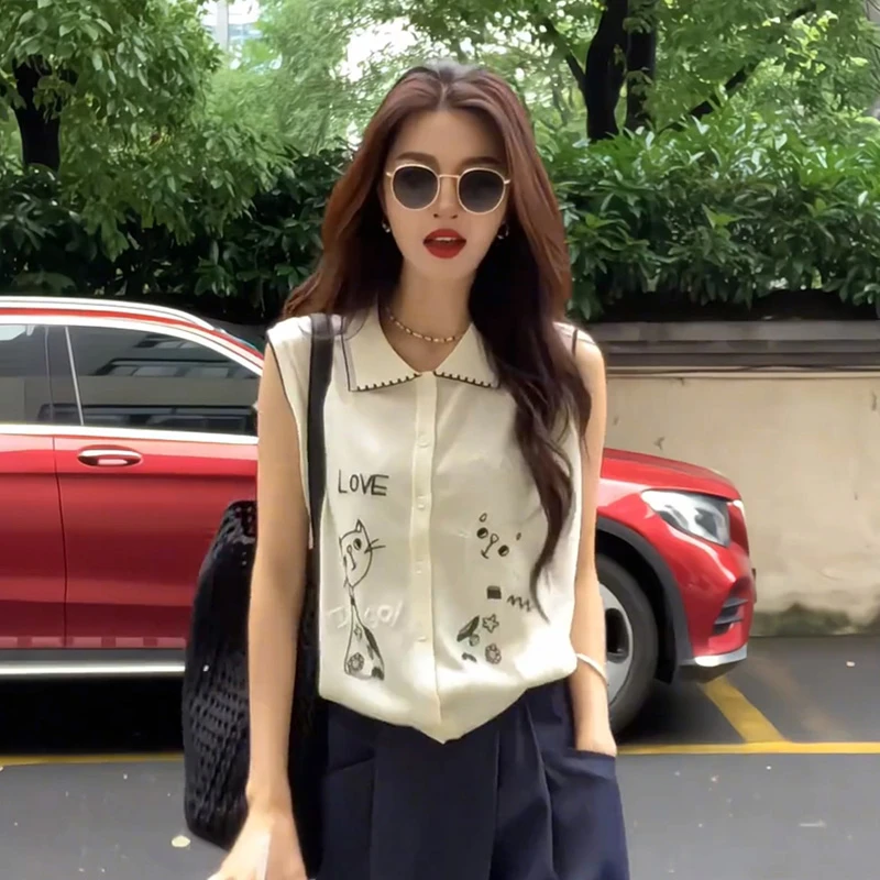 韩系复古翻领时尚针织开衫女2025新款夏季宽松显瘦百搭无袖上衣薄