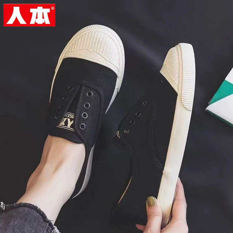 人本一脚蹬懒人鞋女2025春季新款透气百搭ins潮帆布鞋黑色工作鞋