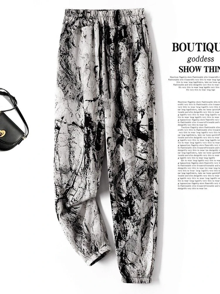 夏季薄款休闲裤女韩版大码时尚宽松潮流防蚊运动九分水墨印花长裤