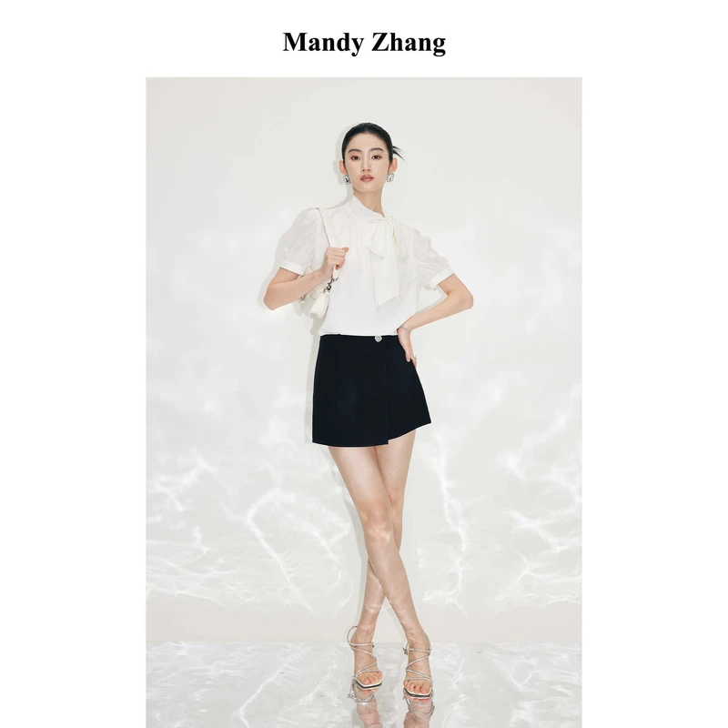 【陈大可专属】MandyZhang立领飘带醋酸衬衫女夏泡泡袖衬衣