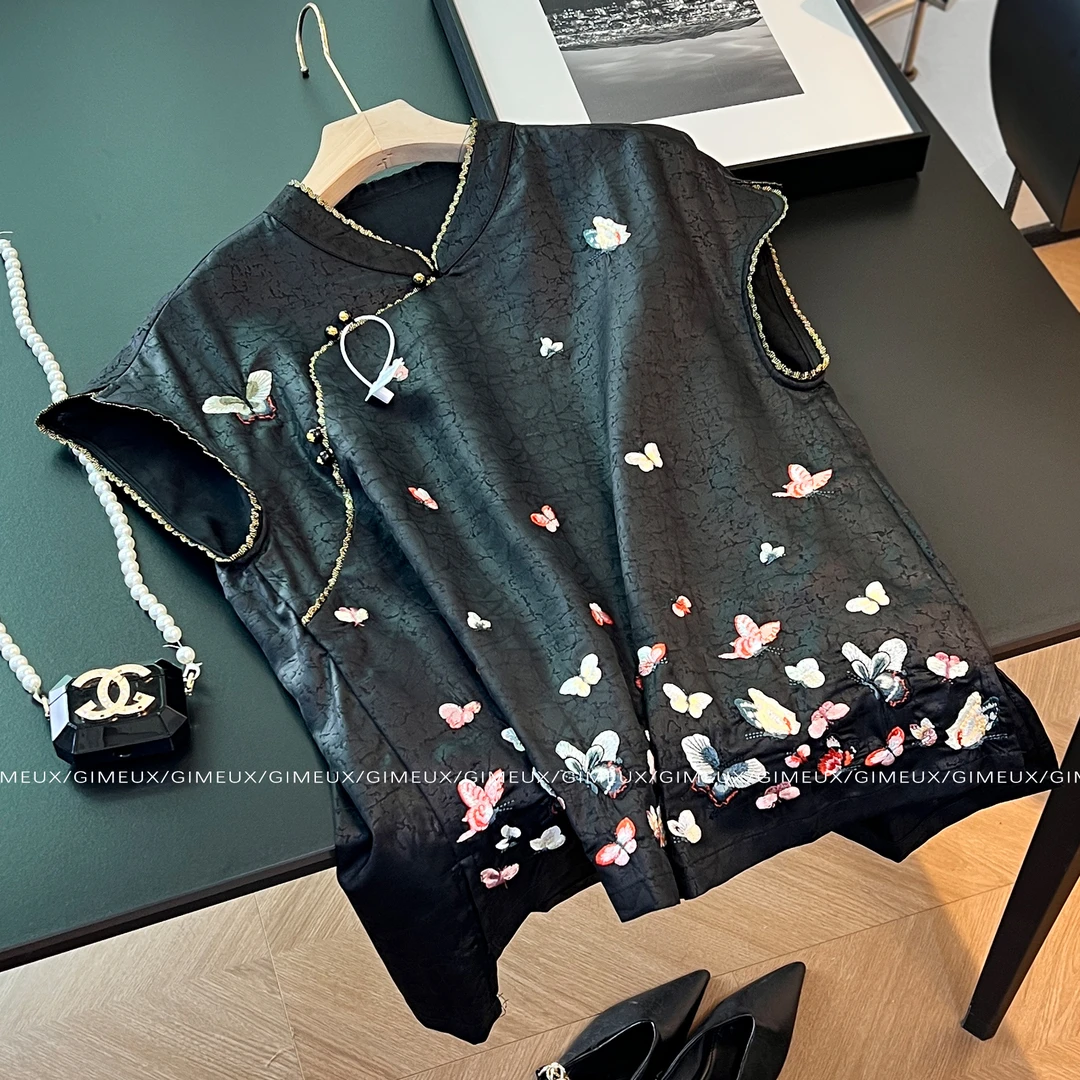 新中式刺绣改良唐装坎肩衬衫女夏季国风年轻款盘扣宽松复古上衣潮