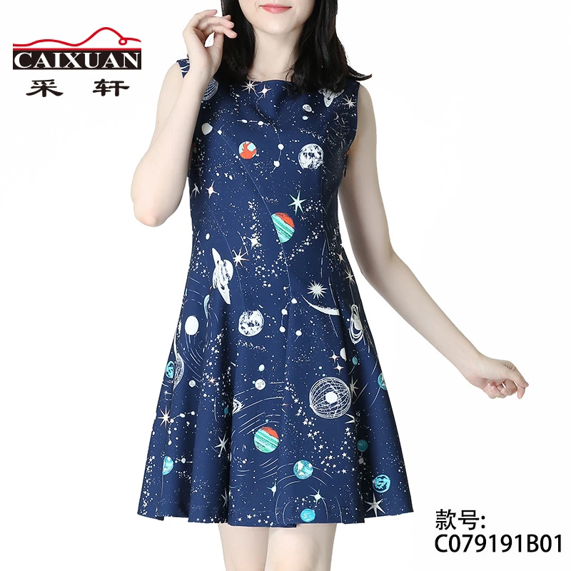 C079191B01CAIXUAN采轩甜美圆领星空印花收腰无袖连衣裙