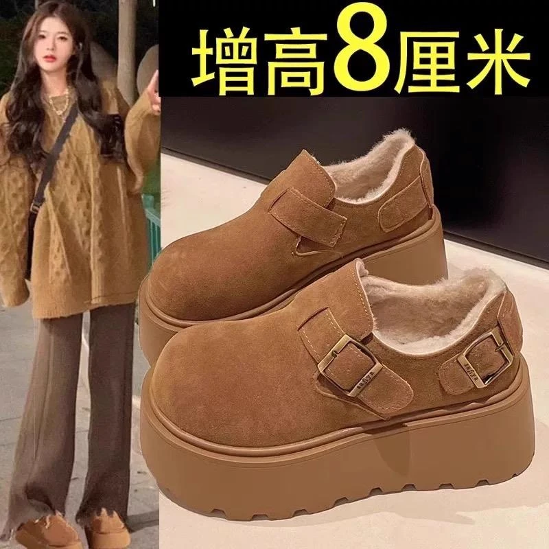 松糕厚底增高勃肯鞋女2025新款秋冬雪地靴加绒乐福鞋毛毛鞋34码