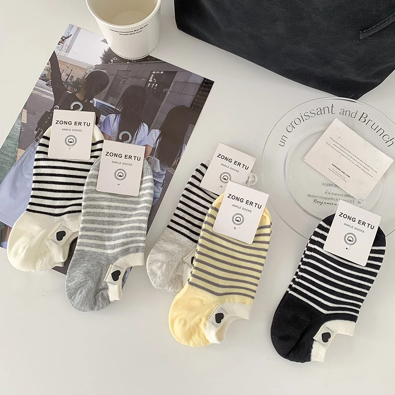 条纹船袜女夏季薄款ins潮流棉袜爱心布标防滑隐形短袜子夏天百搭