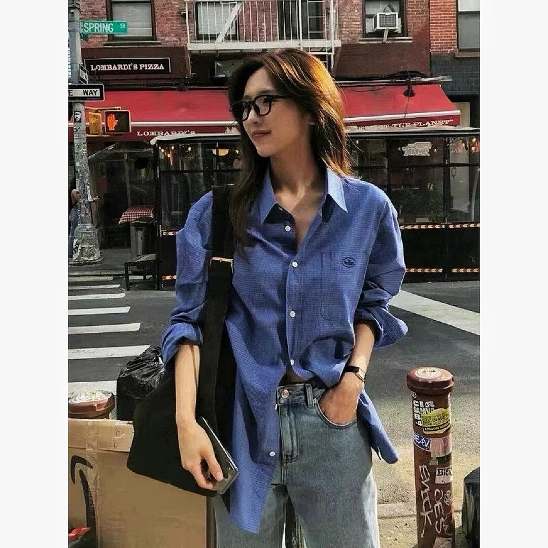 【时代格语】韩代八nn*原包装！超显白翻领格子衬衫上衣～