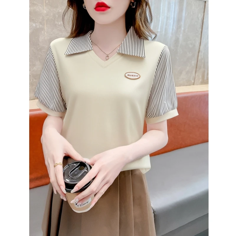 2025夏季洋气假两件条纹衬衫女士宽松短袖上衣设计感小众拼接T恤