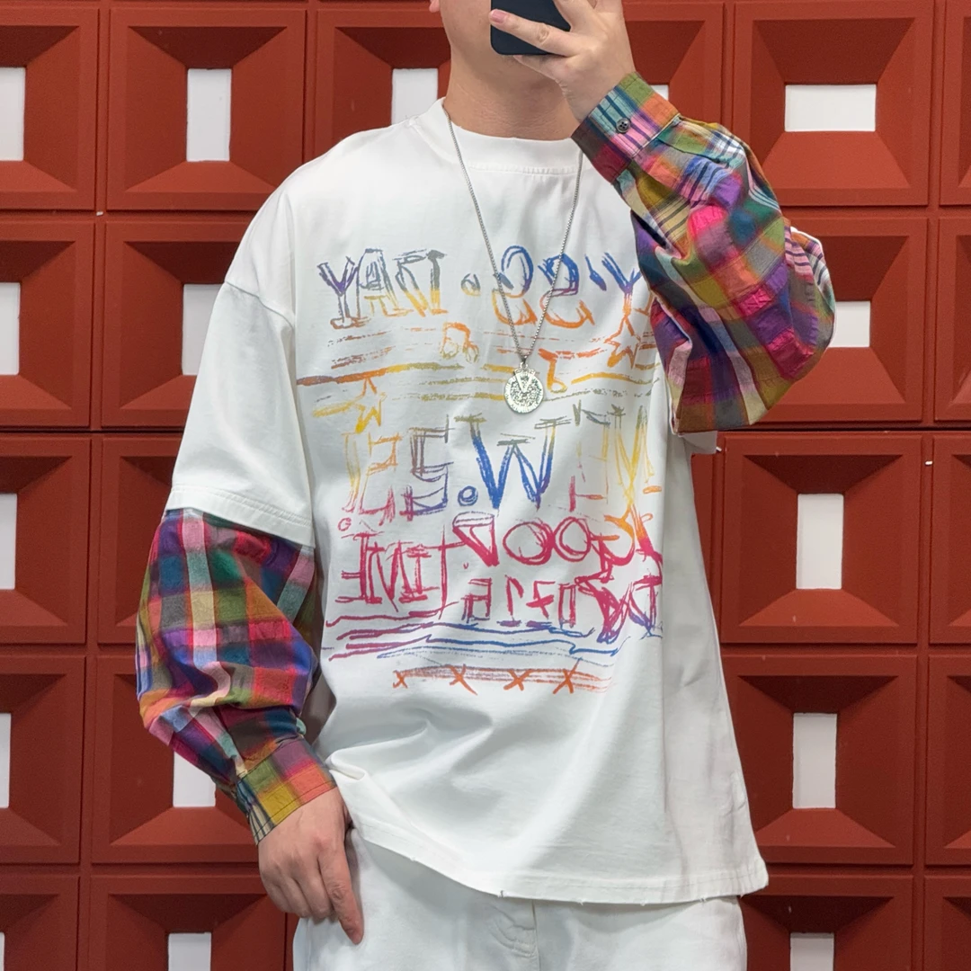 HK&NB x 艺术家系列 春秋潮流百搭情侣港风多彩字母印假两件卫衣