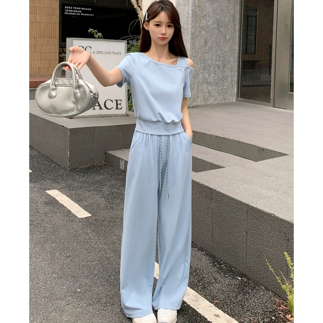 韩版时尚休闲套装女夏季新款短袖露肩上衣+阔腿裤洋气减龄两件套