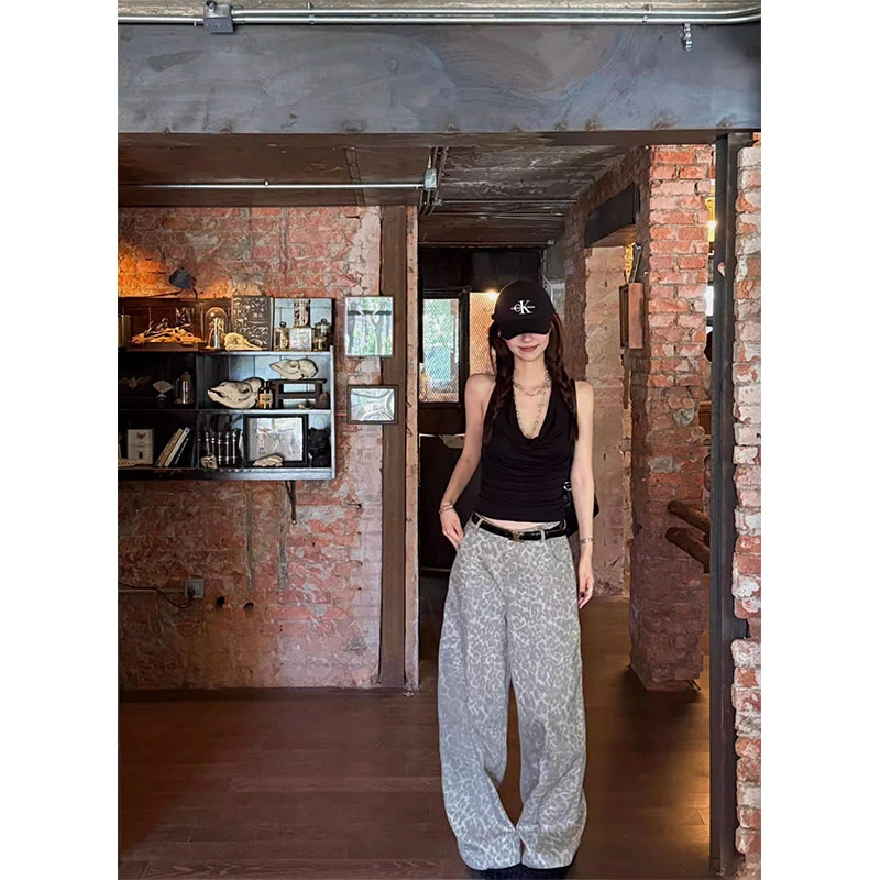 美式辣妹套装挂脖荡领露背吊带背心上衣复古显瘦豹纹弯刀阔腿裤女