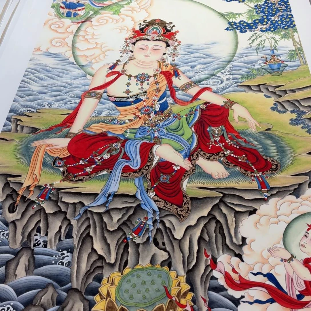 玉***清国画精品工笔童子拜观音