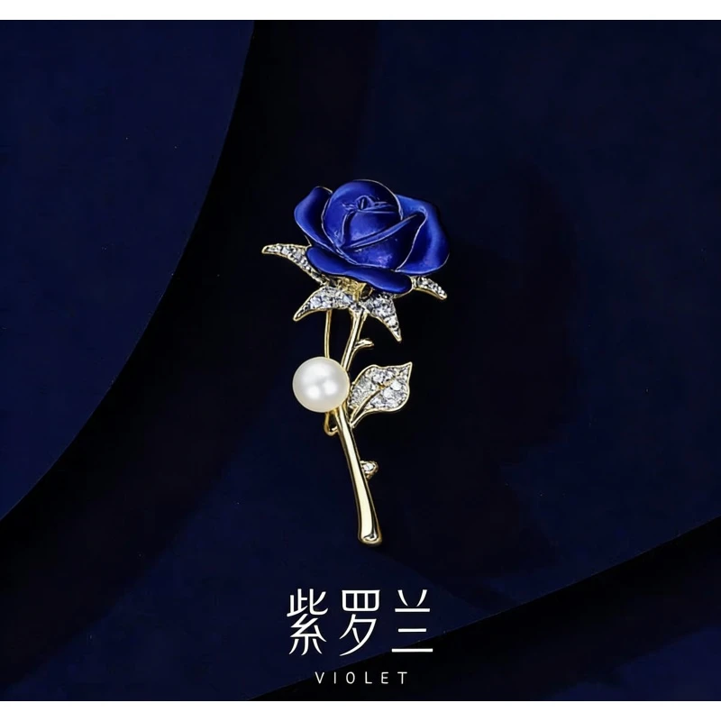 合金 蓝色玫瑰竖款高档胸针